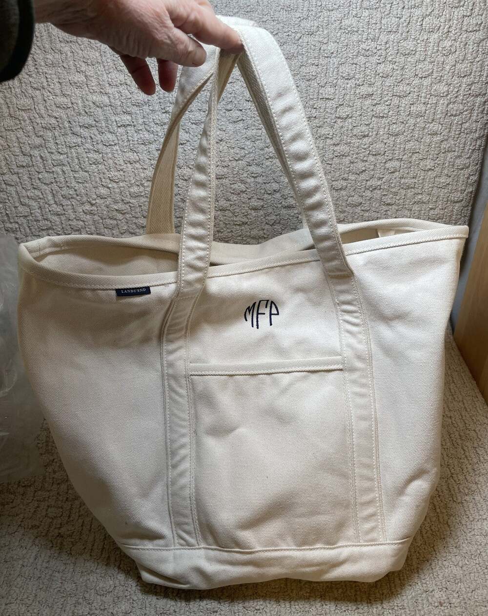 Lands End Large White Canvas Tote Bag MFP Initials EUC Boat Beach Travel Pockets